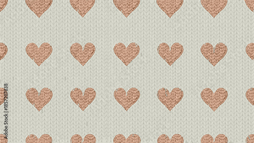 Seamless romantic pattern with rows of pink textured hearts on a light gray knitted background, creating a cozy sweater feel.