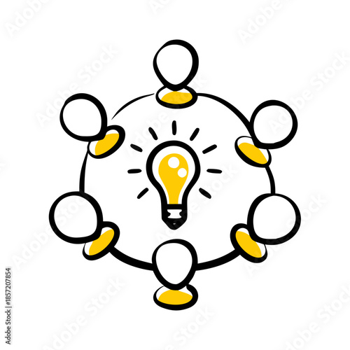 Six people icons surrounding a glowing light bulb on a white background. Perfect for innovation blogs and business websites for topics like brainstorming, group ideas, and creative teamwork.