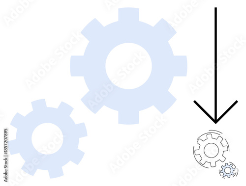 Workflow, business process, automation, efficiency, system optimization, operation reduction. Two large gears with an arrow pointing toward a smaller gear. Workflow and automation concept