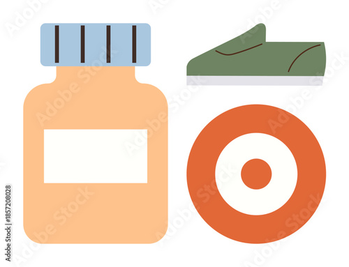 Vitamin bottle, green running shoe, bullseye target symbolizing health, fitness, and goal setting. Ideal for health, fitness, nutrition self-care wellness achievement motivation. Simple flat