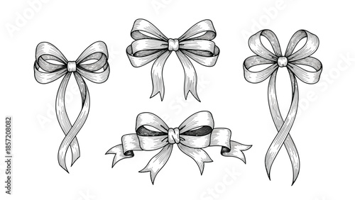 A set of four elegant ribbon bows with long, flowing tails, hand-drawn in a detailed vintage black and white engraving art style.