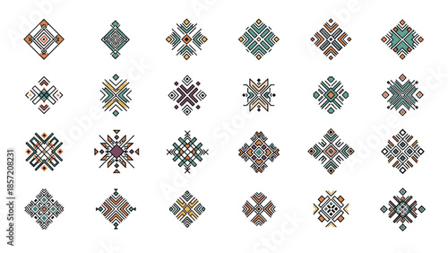 A large collection of colorful hand-drawn ethnic rhombus and diamond symbols with intricate tribal patterns in a doodle style.