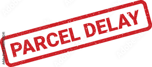 Rectangular textured rubber stamp impression indicating a parcel delay for logistics and shipping updates and issues