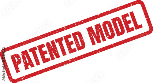 Red aged rubber stamp with the inscription PATENTED MODEL placed diagonally, for exclusive designs and prototypes