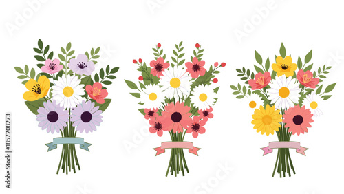 A collection of three vibrant and beautiful wildflower bouquets with daisies and other blooms, tied with ribbons for a festive look.