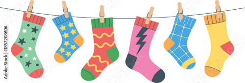Colorful patterned socks on clothesline vector, cute mismatched socks with stars and stripes hanging with clothespins illustration