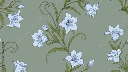 A beautiful seamless floral pattern with elegant light blue bellflowers and green vines on a muted sage green background.