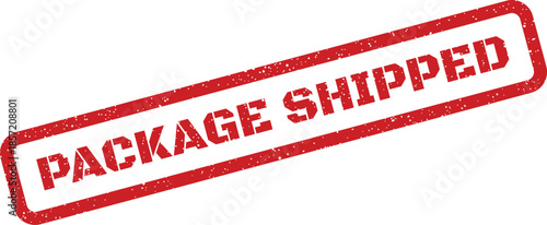 Red distressed rubber stamp with package shipped text for indicating item dispatch and transit