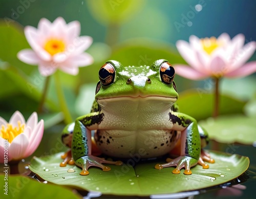 Green frog sits serenely on a lilypad surrounded by pink water lilies in soft sunlight