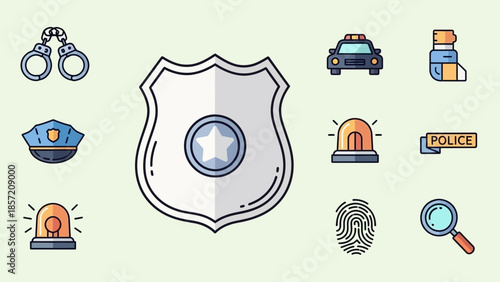 Flat police and law enforcement icons set including badge, handcuffs, siren and car, concept for security services presentation, legal consultation marketing and crime investigation apps