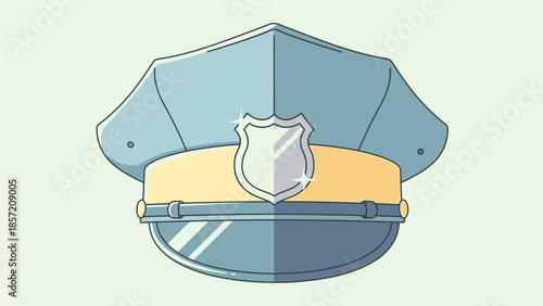 Minimalist illustration of a police officer's peaked cap with badge detail, concept for law enforcement poster, security advertisement and justice service icon