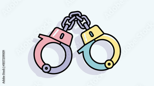 Colorful cartoon illustration of linked handcuffs on white background, concept for legal warning, crime prevention media and security reports