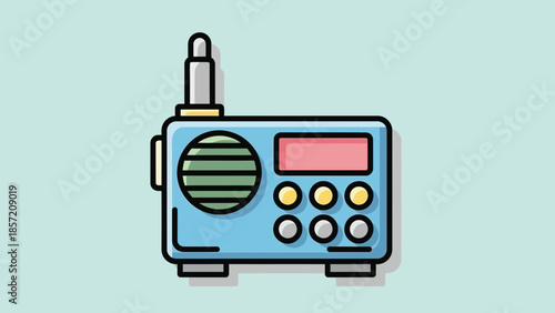 Flat design illustration of a portable light blue radio receiver with antenna and controls, concept for music streaming apps, audio technology blogs and retro media promotion