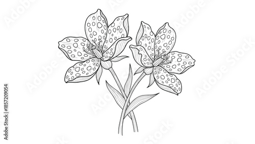 A detailed hand-drawn illustration of two spotted tiger lily flowers, created in a beautiful black and white vintage engraving style.