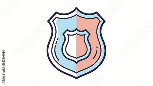 Hand-drawn icon of a shield badge split in light blue and salmon pink, concept for security app design, data protection service and compliance certification