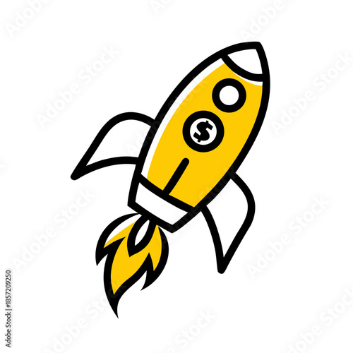 A yellow rocket with a dollar sign window, flying upward on white background. Rendered in flat vector style. Ideal for finance blogs, startup sites, or content on growth, investment, and success.

