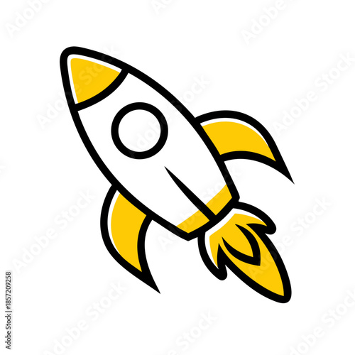 Modern doodle icon of a white and yellow rocket taking off. Ideal for tech blogs, venture capital sites, and articles about startups, project launches, and rapid business acceleration.