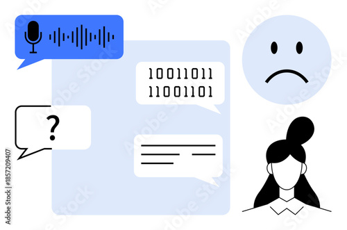 AI communication. AI elements thumbs up chat bubbles, speech input, and binary code modern digital communication. AI communication in natural language processing, chatbots, voice recognition