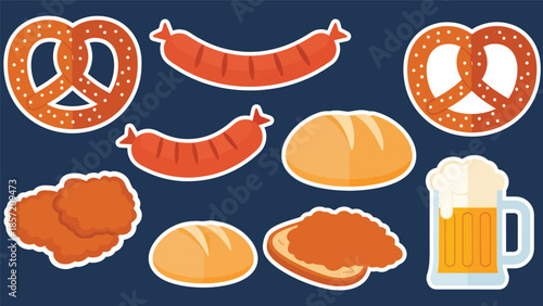 Kawaii German food sticker set featuring pretzels, sausages, schnitzel, and beer mugs in modern flat vector style, perfect for festival visuals, ideal for German cuisine themes
