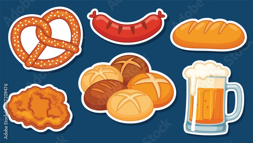 Kawaii German food sticker set featuring pretzels, sausages, schnitzel, and beer mugs in modern flat vector style, perfect for festival visuals, ideal for German cuisine themes