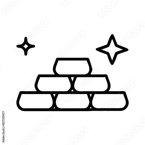 Minimalist black line icon of a stacked gold bar pyramid with sparkling stars. Clean vector illustration representing wealth, precious metals, reserves, and financial prosperity.