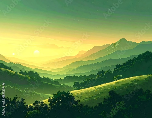 Green mountains and rolling hills landscape illustration, yellow sky at dawn or sunset