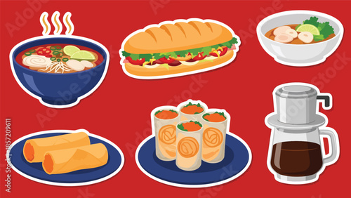 Kawaii Vietnamese food sticker set featuring pho, bánh mì, spring rolls, and Vietnamese coffee icons in flat vector style, perfect for culinary graphics, ideal for Vietnam cuisine content
