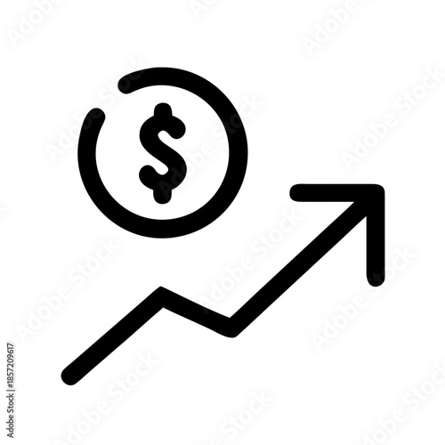 Black and white line graph with a dollar sign and upward arrow. Perfect for stock market blogs, financial planning websites, and business growth or investment strategy articles.