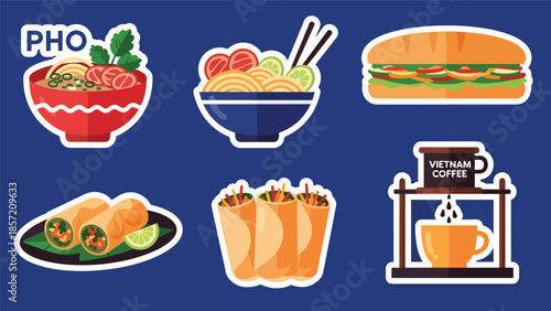 Kawaii Vietnamese food sticker set featuring pho, bánh mì, spring rolls, and Vietnamese coffee icons in flat vector style, perfect for culinary graphics, ideal for Vietnam cuisine content