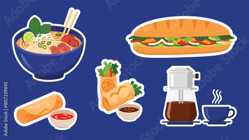 Kawaii Vietnamese food sticker set featuring pho, bánh mì, spring rolls, and Vietnamese coffee icons in flat vector style, perfect for culinary graphics, ideal for Vietnam cuisine content