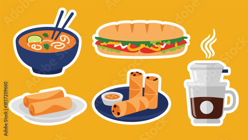 Kawaii Vietnamese food sticker set featuring pho, bánh mì, spring rolls, and Vietnamese coffee icons in flat vector style, perfect for culinary graphics, ideal for Vietnam cuisine content