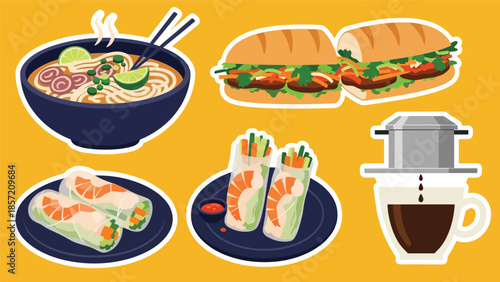 Kawaii Vietnamese food sticker set featuring pho, bánh mì, spring rolls, and Vietnamese coffee icons in flat vector style, perfect for culinary graphics, ideal for Vietnam cuisine content
