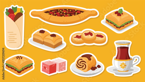 Cute Turkish kebab kawaii sticker pack in modern flat vector style. A lively world cuisine illustration ideal for menus, branding, packaging, and digital sticker sets
