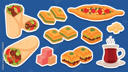 Cute Turkish kebab kawaii sticker pack in modern flat vector style. A lively world cuisine illustration ideal for menus, branding, packaging, and digital sticker sets
