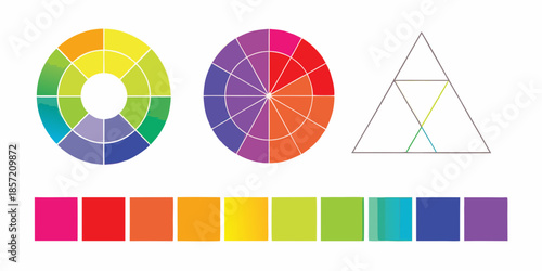 Color wheel diagrams and a color palette illustration for design concepts
