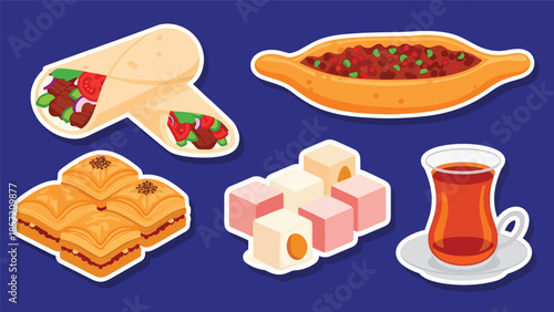 Cute Turkish kebab kawaii sticker pack in modern flat vector style. A lively world cuisine illustration ideal for menus, branding, packaging, and digital sticker sets