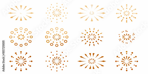 A collection of stylized golden firework burst designs arranged in a grid pattern