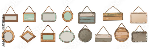 Hanging wooden signs with teal painted vintage wood, peeling paint, watercolor + ink illustration, blank boards, rope strings, clipart style, high detail