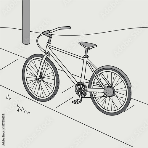 Modern Bicycle Parked Outdoors Next to a Pole and Sidewalk, Line Art Style