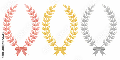 A collection of laurel wreaths in bronze silver and gold colors