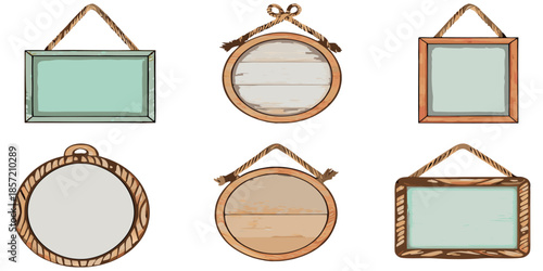 High-detail stock illustration of rustic hanging wooden signs, blank boards, teal, brown, gray and red-accent wood, rope tied at top