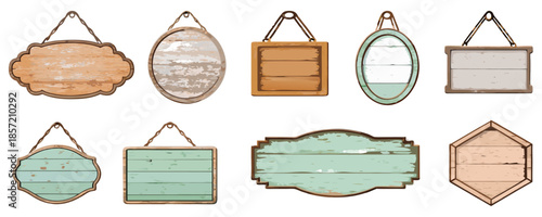 Old wooden hanging sign set, rough plank texture, scratched surface, hand-painted rustic style,
