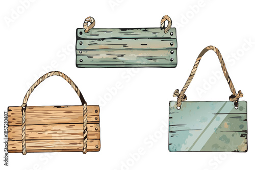 Weathered gray wooden hanging sign boards, scratched texture, hand-painted watercolor style, natural rope knots, isolated white background, ultra-detailed