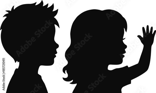 Children silhouettes facing window, boy and girl profiles waving hand, childhood curiosity concept, black shadow figures, minimal illustration isolated background