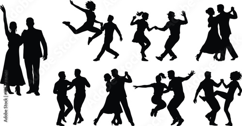 Dancing people silhouettes in various poses, energetic movement and celebration concept, social interaction and fun lifestyle, black shadow figures isolated