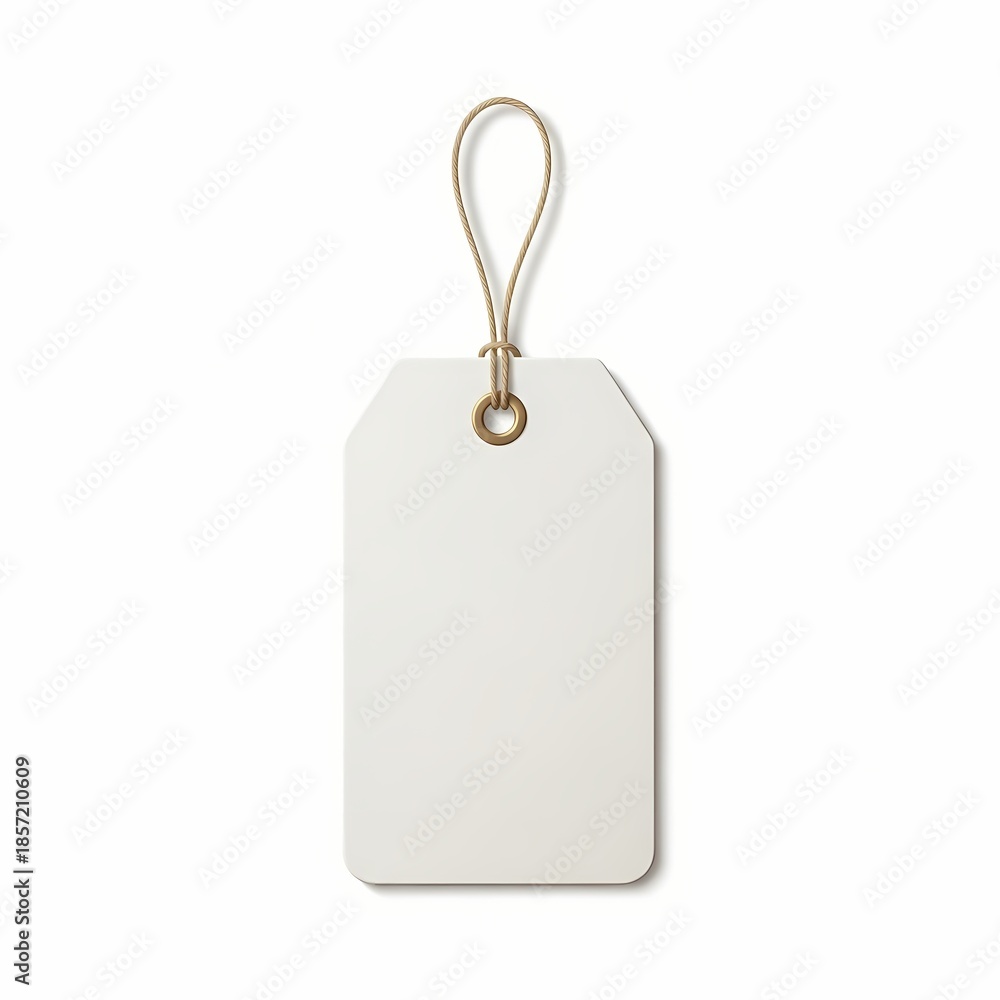 Fototapeta premium A blank white tag with a gold loop hanging from a plain white background