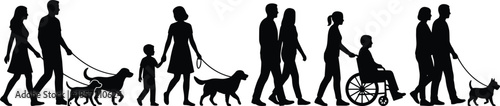 Family silhouettes walking dogs together, inclusive lifestyle and daily routine concept, parents children and wheelchair user, companionship, black shadow figures