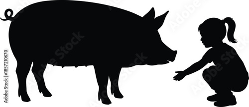 Girl reaching toward pig silhouette, childhood curiosity and gentle interaction concept, child animal connection, black shadow illustration isolated white background