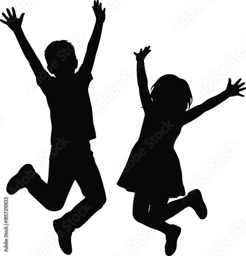 Joyful children silhouettes jumping together with raised arms, carefree childhood happiness concept, playful energy, black shadow figures isolated white background