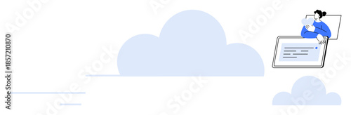 Cloud computing concept. Cloud symbols connected to user interactions on digital devices. Cloud computing enabling data storage, sharing, remote access. For technology, business, IT solutions